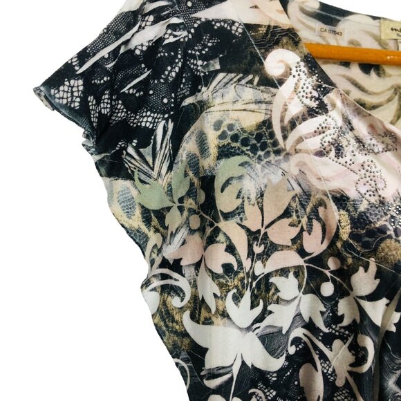 One World Womens Flutter Sleeve Top Sz Large Floral Pattern Embellished - Picture 5 of 11
